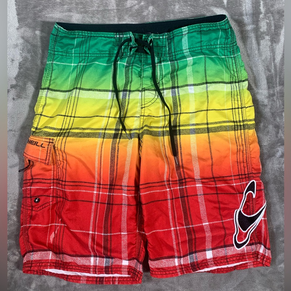 O'Neill Board Shorts Swim Trunks Mens 29 Green‎ Yellow Red Bob Marley Vintage